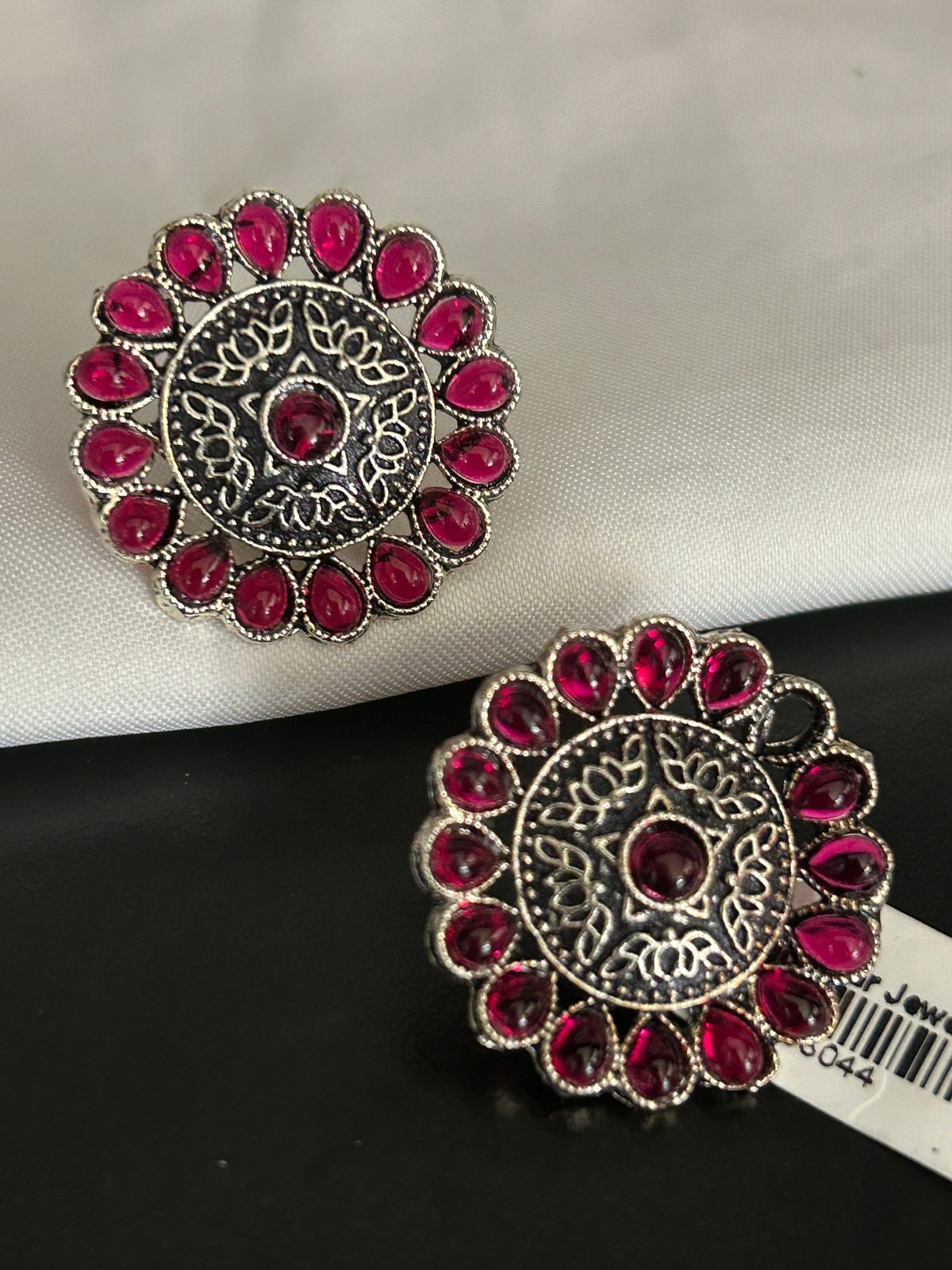 Oxidized Silver Round Stud Earrings with Ruby Red Stones